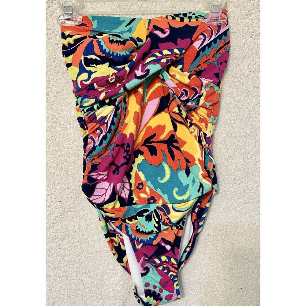 Tahari Wrap Shirred Bandeau One Piece Swimsuit Women Small Rainbow Floral